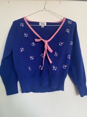 Unique Vintage Navy Cardigan with Pink Trim & Anchor Embroidery